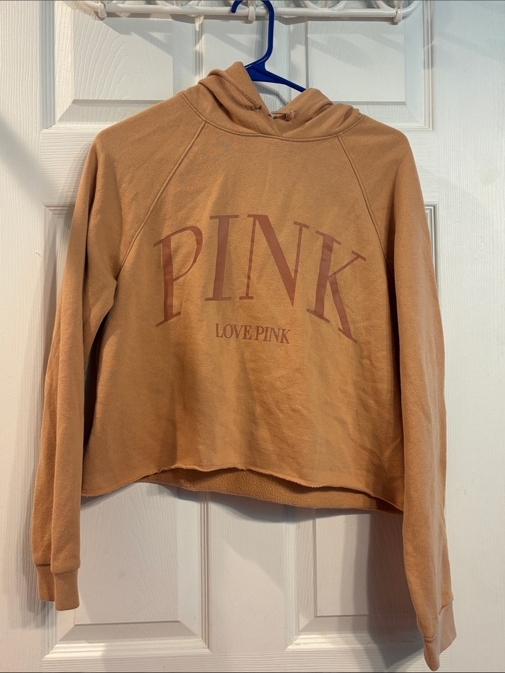 PINK Victoria's Secret Cropped Hooded Sweatshirt in Tan with Rose Logo